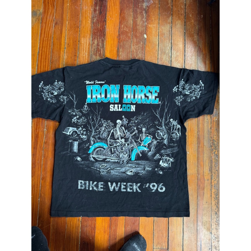 Vintage 90s Iron Horse Saloon Bike Week 1996 Skeleton Pocket T-Shirt XL Black - Picture 4 of 4